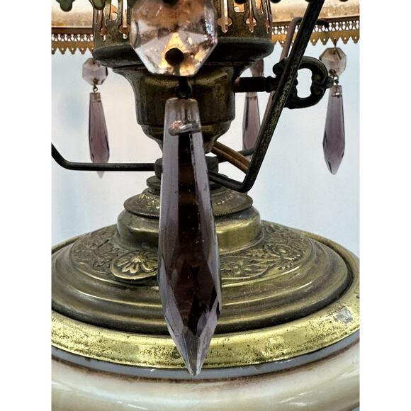 Antique 19" GWTW Hurricane Converted Brass Oil Lamp W/Prisms Porcelain Glass - Picture 15 of 16